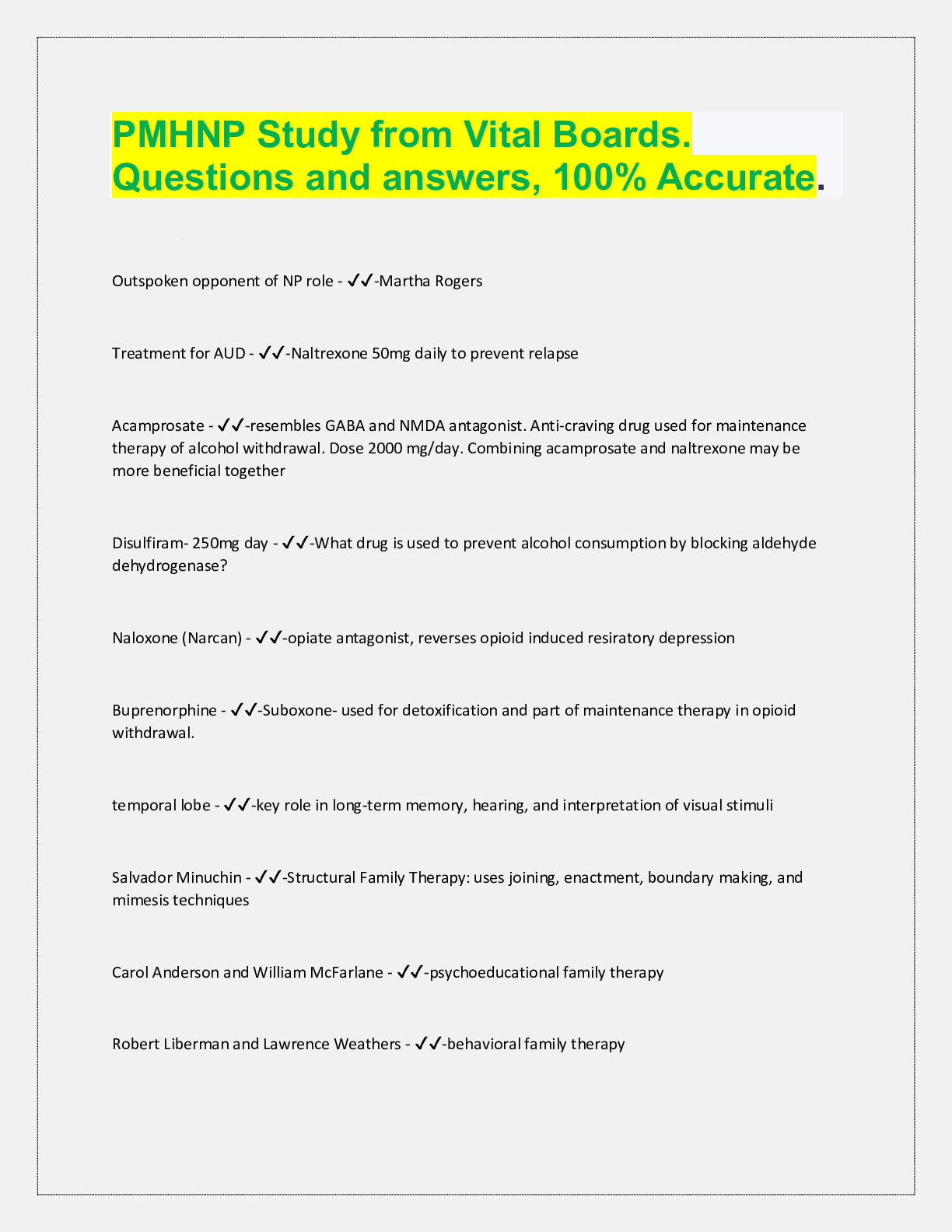 Preview image for PMHNP Study from Vital Boards.  Questions and answers, 100% Accurate.  Outspoken opponent of NP role - ✔✔-Martha Ro